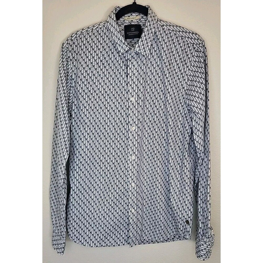 Scotch Soda Button Up Shirt Mens L White Gray Palm Tree Longsleeve 100% Cotton